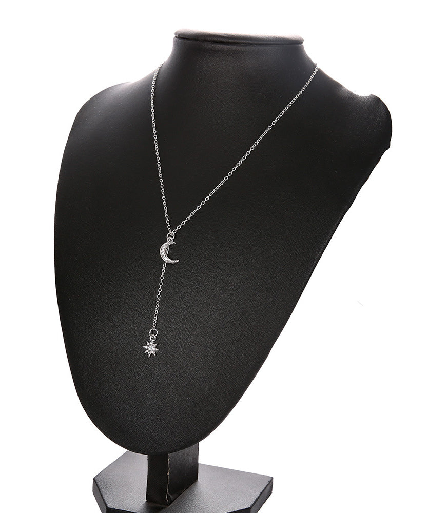 14K White Gold Plating Crystal Pav'e Crescent & Star Lariat Necklace featuring elegant crescent and star pendants with sparkling crystals.