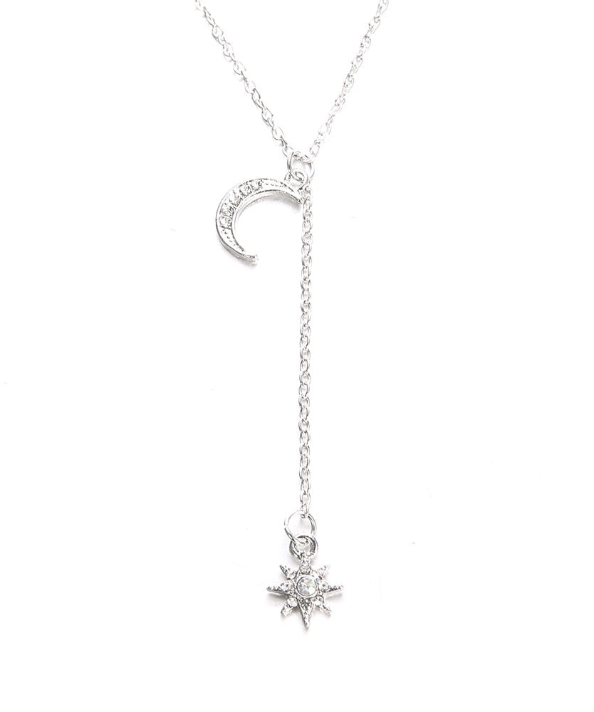 14K White Gold Plating Crystal Pav'e Crescent & Star Lariat Necklace featuring elegant crescent and star pendants with sparkling crystals.