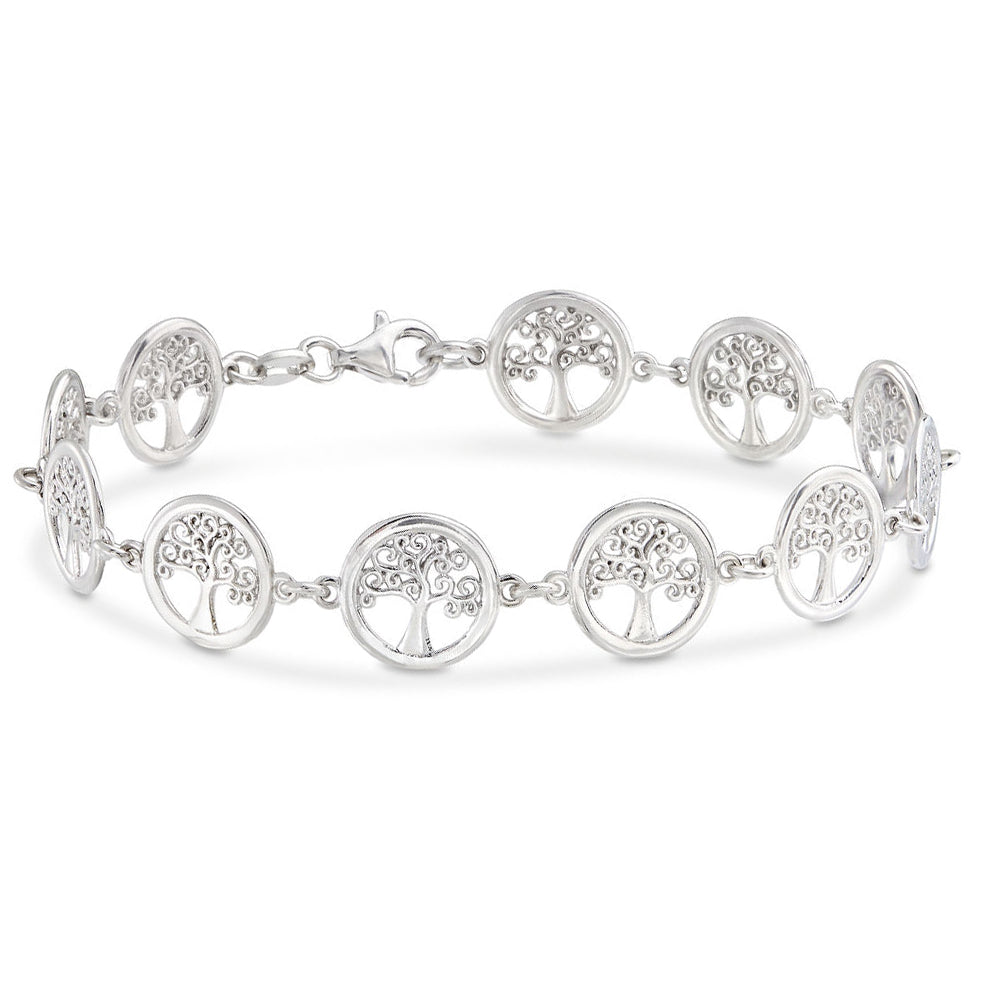 14K white gold plated filigree circular tree of life anklet, showcasing intricate design and lobster clasp.