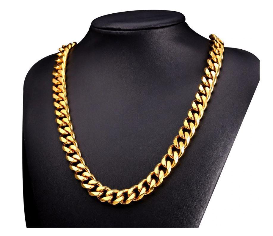 A set of three 14K yellow gold plated Cuban classic chains, showcasing their interlocking links and luxurious shine.