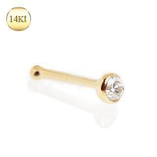 14Kt Gold Stud Nose Ring featuring a clear press fit cubic zirconia, showcasing a luxurious design and comfortable fit.