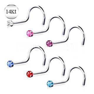 14Kt white gold screw nose ring featuring a prong-set 2 mm Cubic Zirconia gem, available in six colors.