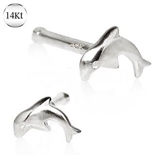 14Kt white gold stud nose ring featuring a dolphin design, showcasing its elegant and playful style.