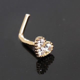 14Kt yellow gold nose ring featuring a heart design with three clear cubic zirconia stones, showcasing elegance and style.