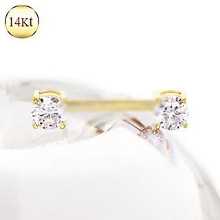 14Kt yellow gold nipple bar with prong set clear cubic zirconia stones on each end, showcasing elegance and style.