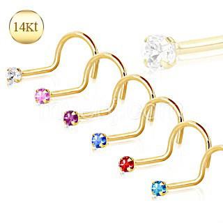 14Kt yellow gold screw nose ring featuring a prong-set cubic zirconia gem, showcasing elegance and style.