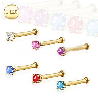 14Kt yellow gold stud nose ring featuring a prong setting cubic zirconia gem, available in multiple colors.