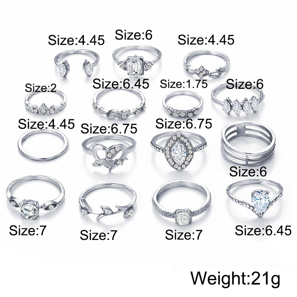 15 Piece Halo Pave Ring Set featuring sparkling crystals, elegantly designed in 18K white gold plating, showcasing a luxurious and sophisticated look.