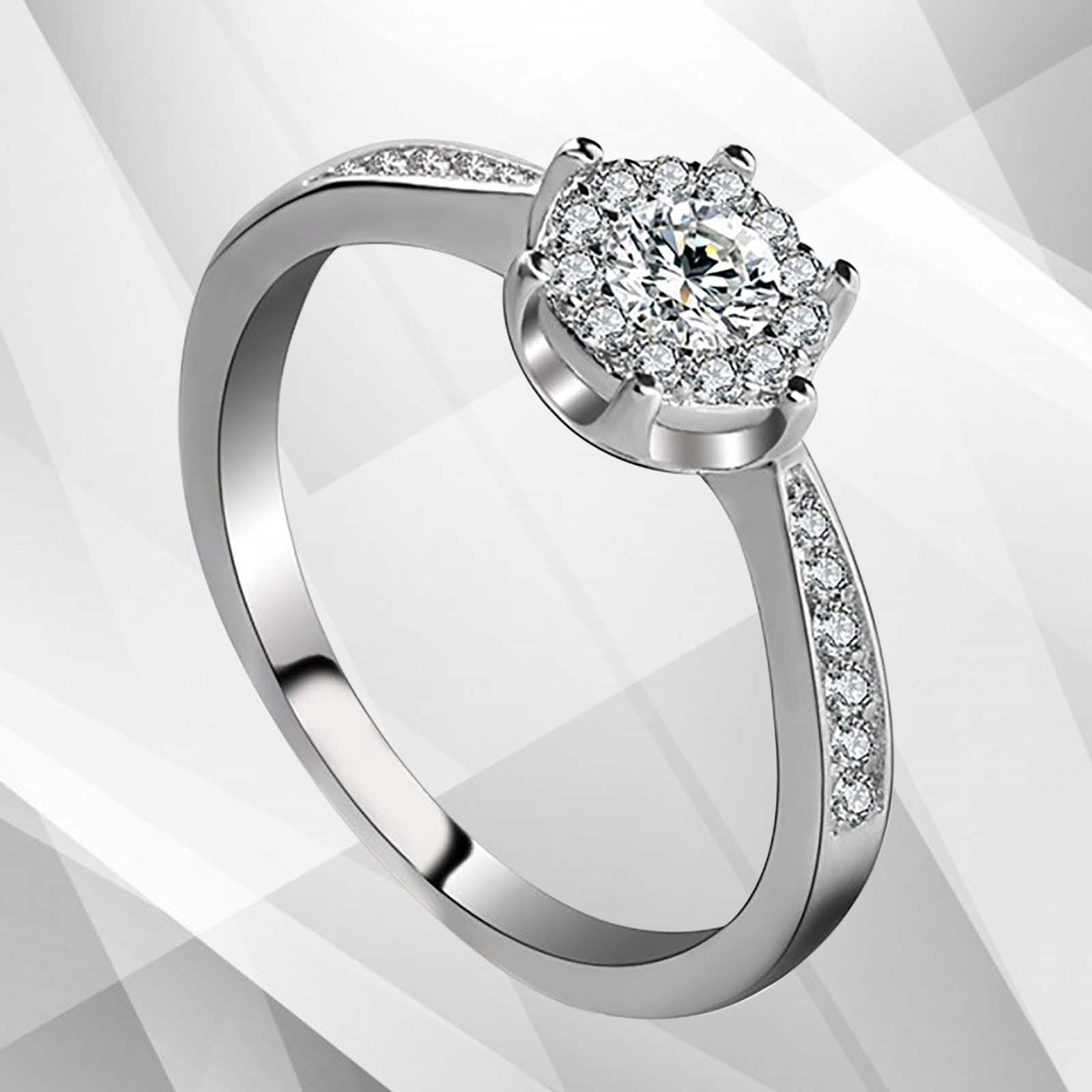 1.68Ct Round-Cut Halo Bridal Engagement Ring featuring 28 CZ diamonds set in 18K white gold, showcasing a stunning design.