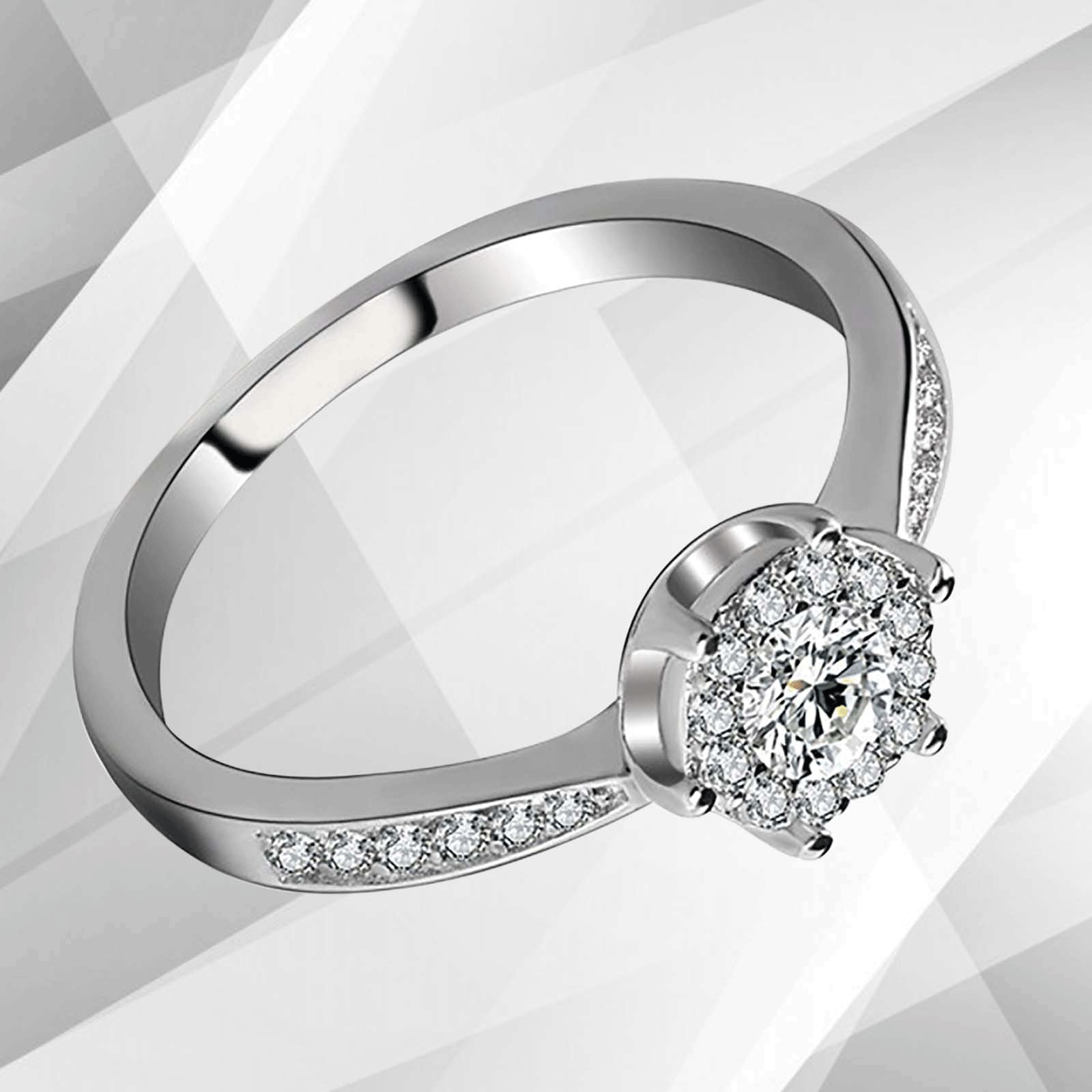 1.68Ct Round-Cut Halo Bridal Engagement Ring featuring 28 CZ diamonds set in 18K white gold, showcasing a stunning design.