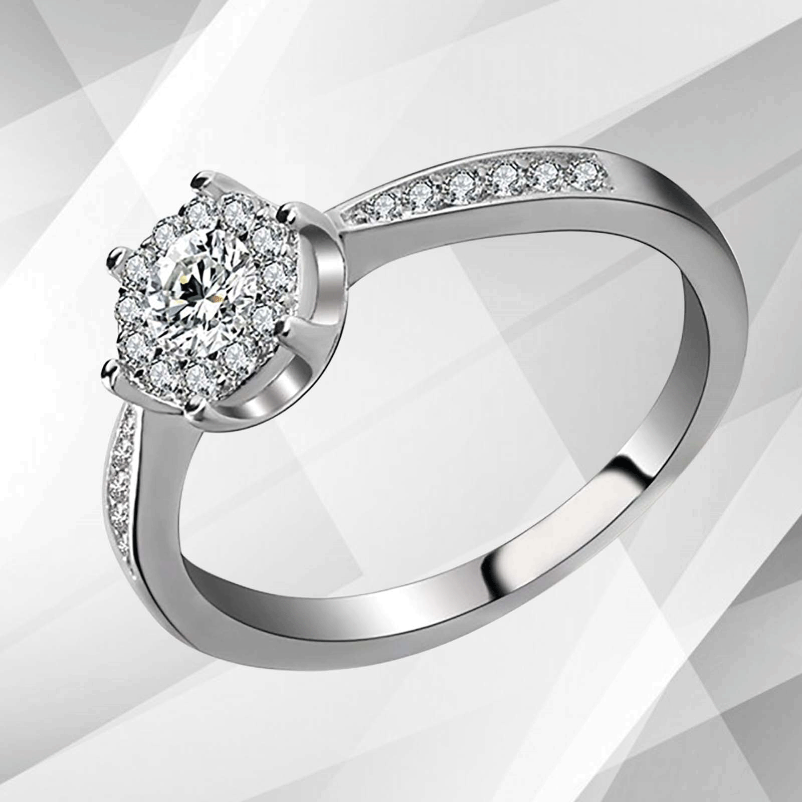 1.68Ct Round-Cut Halo Bridal Engagement Ring featuring 28 CZ diamonds set in 18K white gold, showcasing a stunning design.