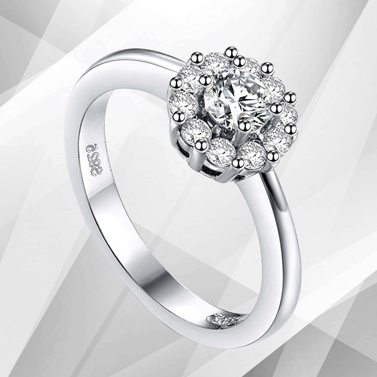 1.7Ct Round-Cut CZ Diamonds Halo Engagement Ring in 18K White Gold, showcasing a cushion halo pave setting with 11 sparkling diamonds.