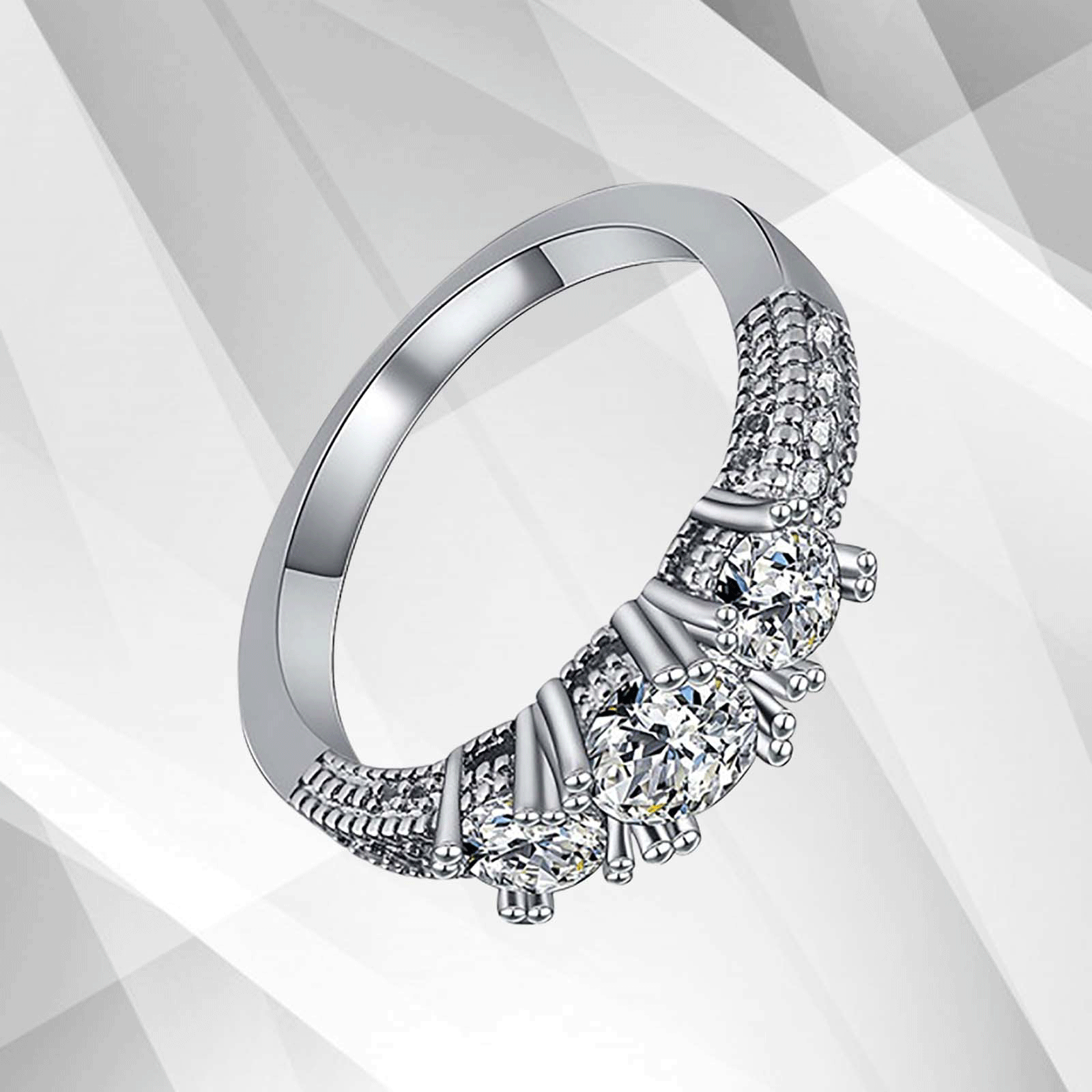 1.8Ct Round-Cut Diamonds Three Stones Bridal Engagement Ring in 18K White Gold, showcasing its elegant design and sparkling diamonds.