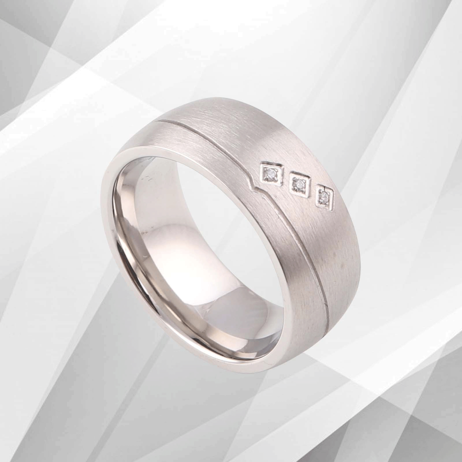 Elegant 18Ct White Gold Over Matt Titanium Ring featuring three sparkling 0.35Ct CZ Diamonds, showcasing a luxurious design and comfort fit.