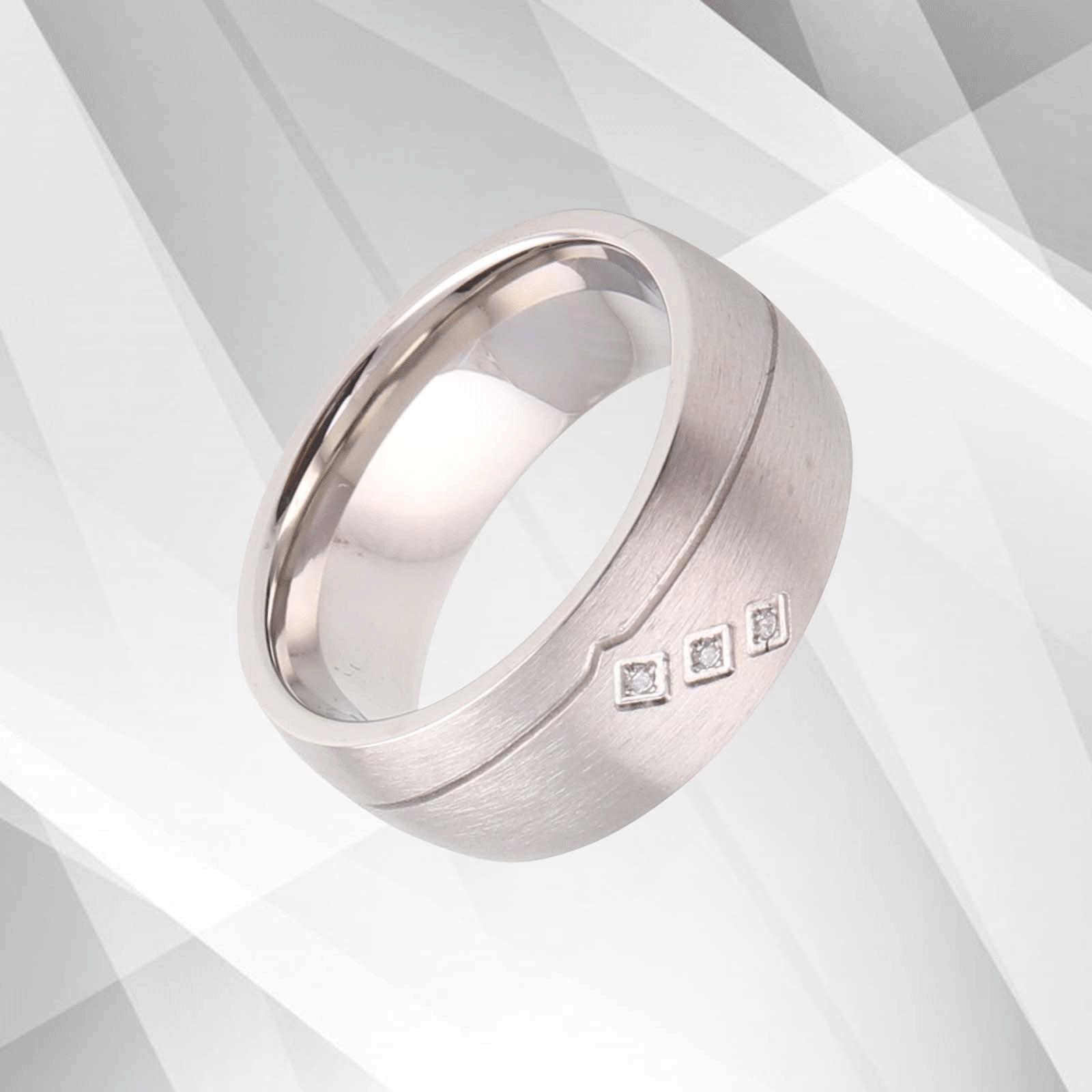 Elegant 18Ct White Gold Over Matt Titanium Ring featuring three sparkling 0.35Ct CZ Diamonds, showcasing a luxurious design and comfort fit.