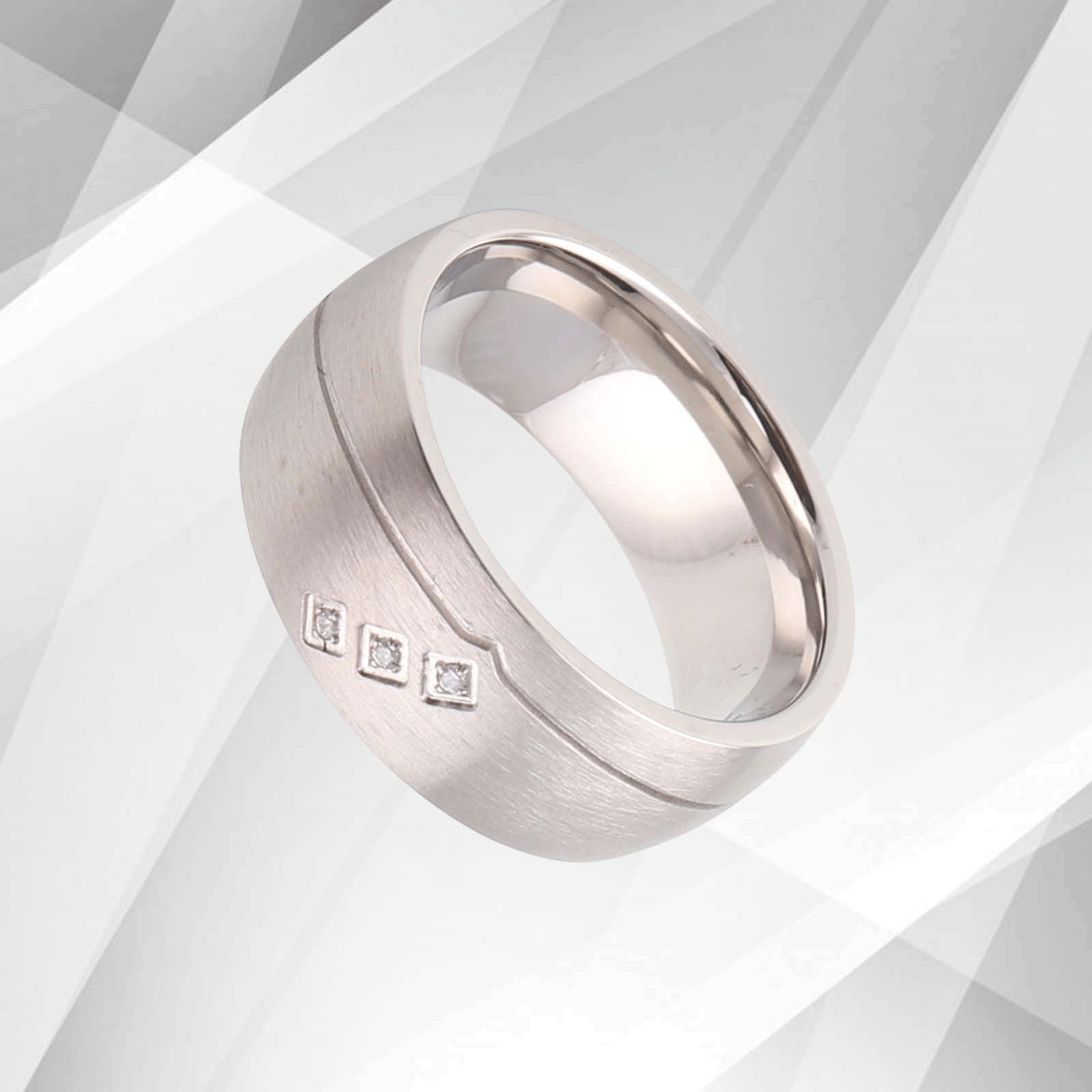 Elegant 18Ct White Gold Over Matt Titanium Ring featuring three sparkling 0.35Ct CZ Diamonds, showcasing a luxurious design and comfort fit.