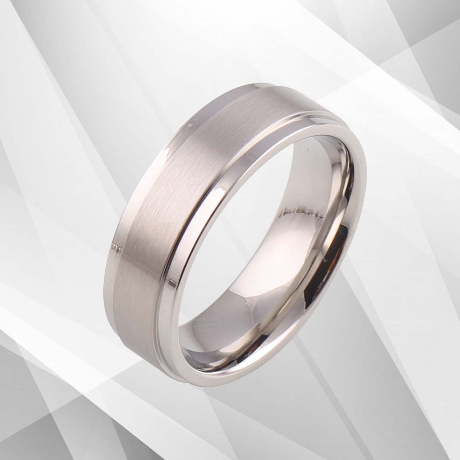 18Ct White Gold Over Men’s Flat Shape Wedding Engagement Tungsten Band, showcasing its brushed finish and sparkling interior.