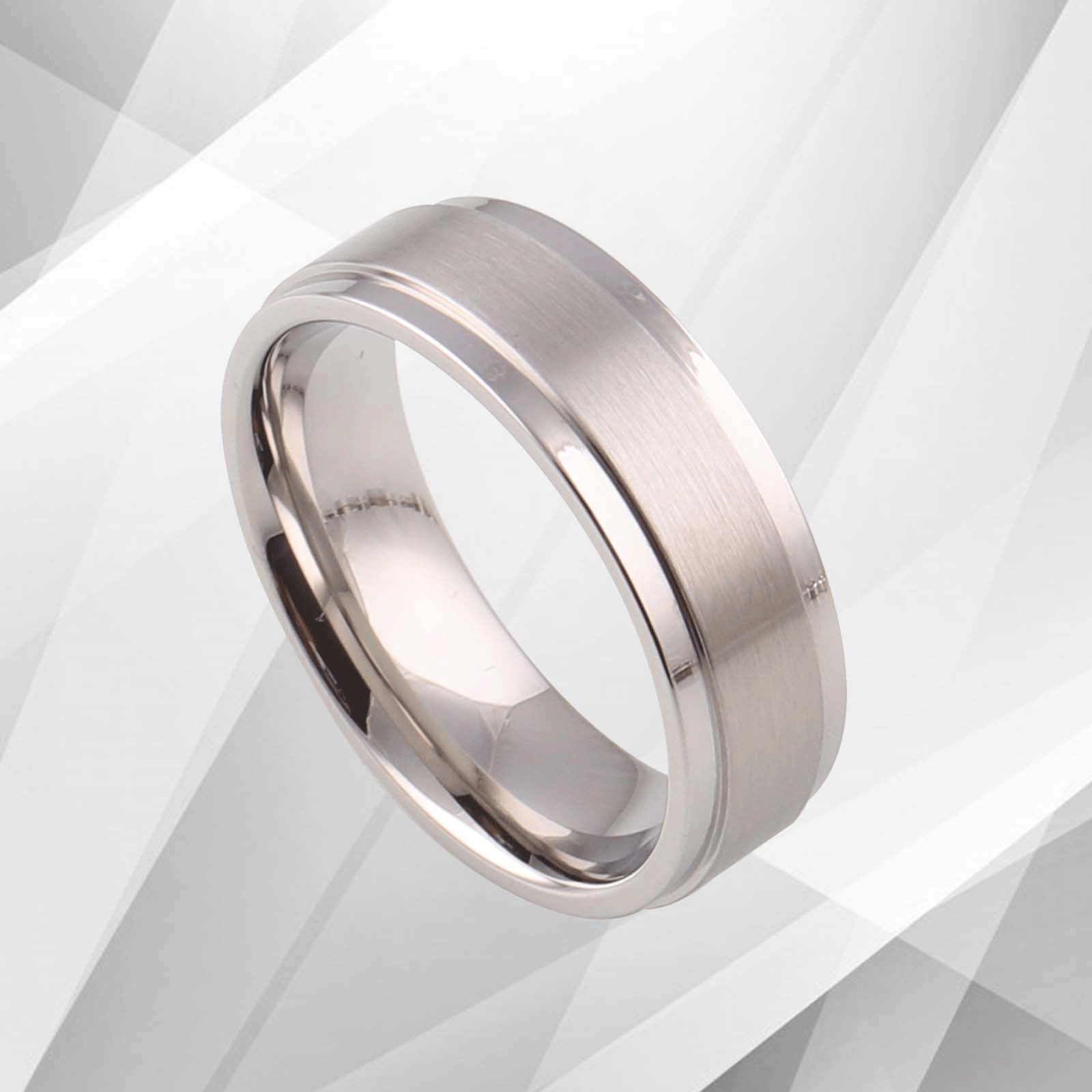 18Ct White Gold Over Men’s Flat Shape Wedding Engagement Tungsten Band, showcasing its brushed finish and sparkling interior.