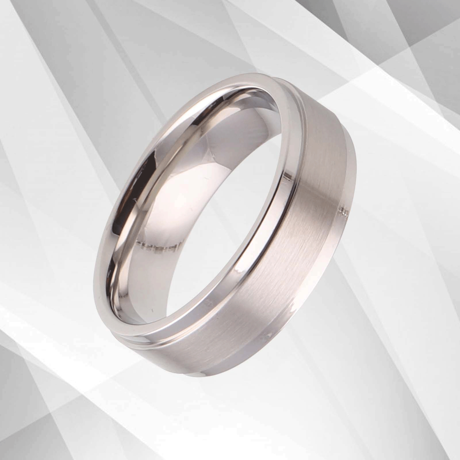 18Ct White Gold Over Men’s Flat Shape Wedding Engagement Tungsten Band, showcasing its brushed finish and sparkling interior.