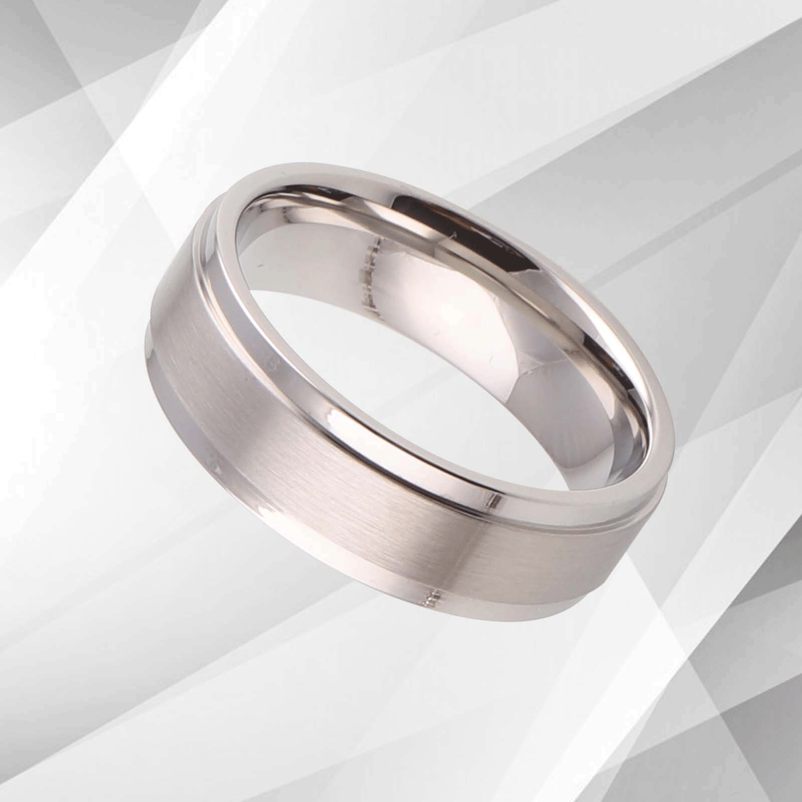 18Ct White Gold Over Men’s Flat Shape Wedding Engagement Tungsten Band, showcasing its brushed finish and sparkling interior.