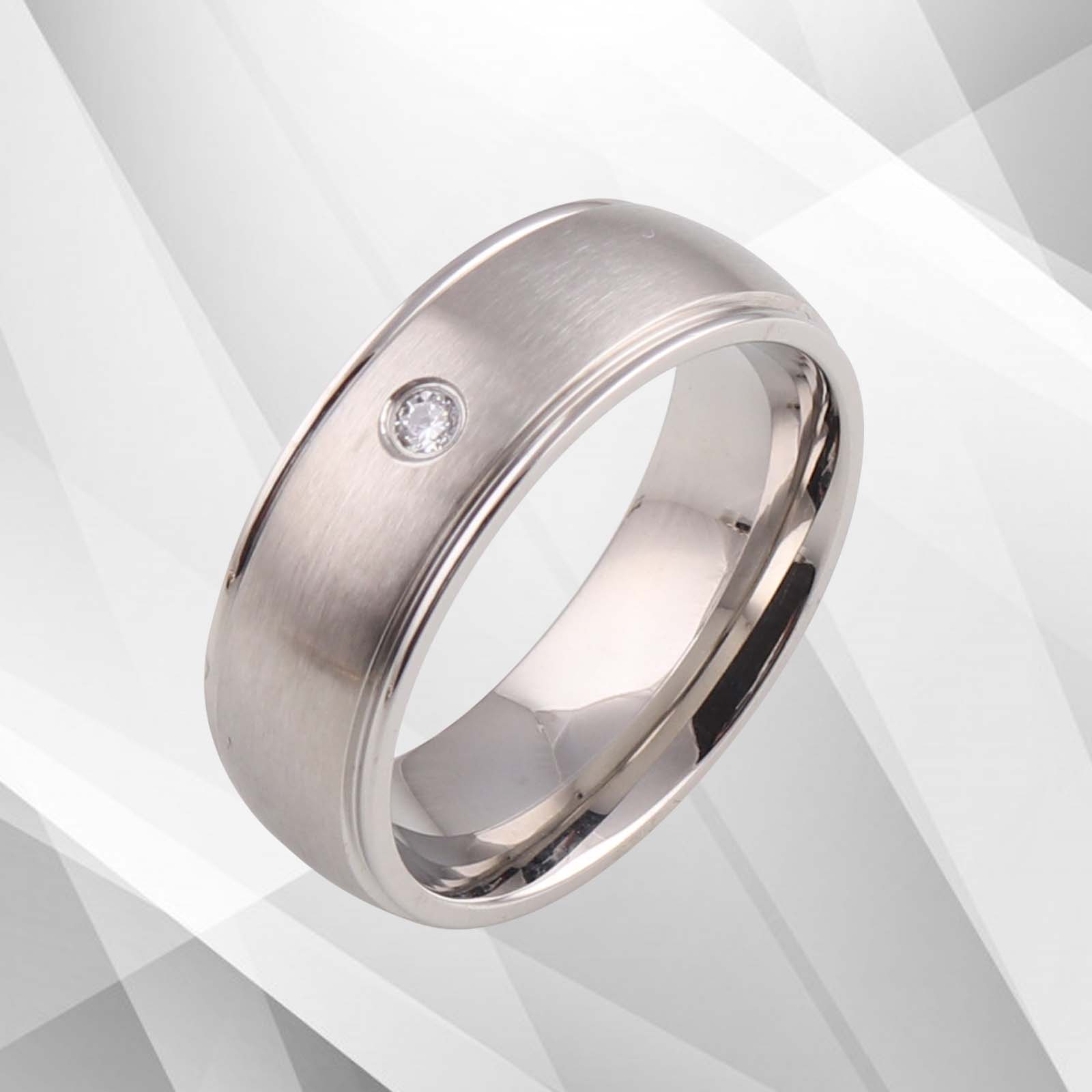 18Ct White Gold Over Titanium Wedding Band Ring featuring a 0.35Ct CZ diamond, showcasing a brushed and sparkling finish.