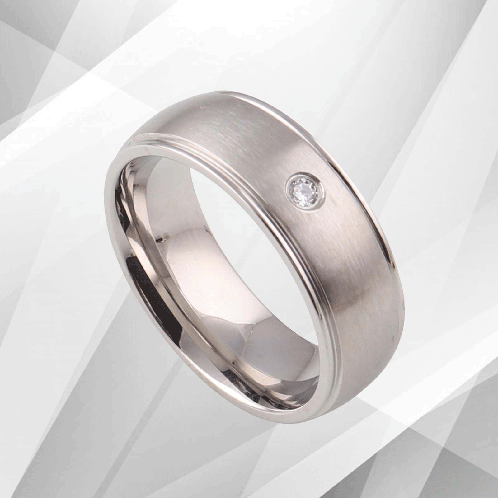 18Ct White Gold Over Titanium Wedding Band Ring featuring a 0.35Ct CZ diamond, showcasing a brushed and sparkling finish.