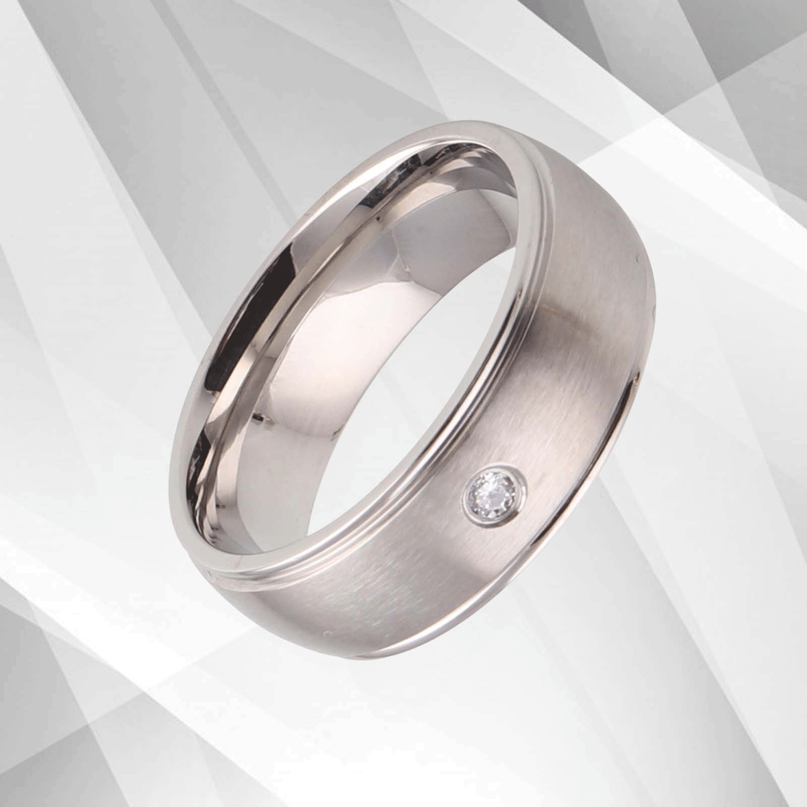 18Ct White Gold Over Titanium Wedding Band Ring featuring a 0.35Ct CZ diamond, showcasing a brushed and sparkling finish.