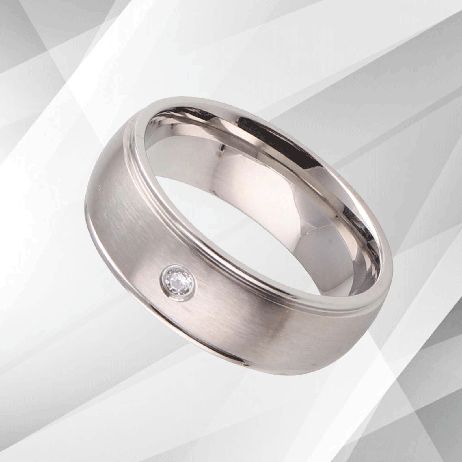 18Ct White Gold Over Titanium Wedding Band Ring featuring a 0.35Ct CZ diamond, showcasing a brushed and sparkling finish.