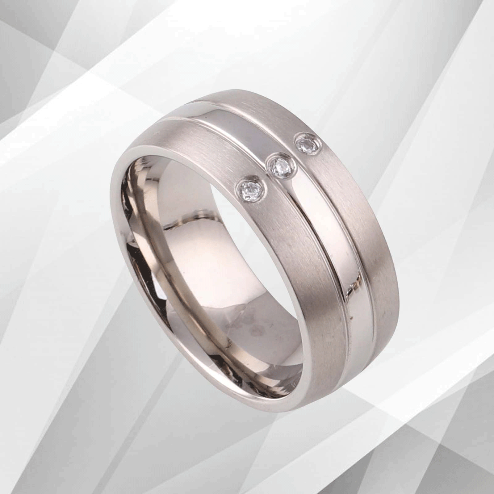 18Ct White Gold Over Titanium Engagement Band featuring three 0.35Ct CZ diamonds, showcasing a trendy design with a matt and sparkling finish.