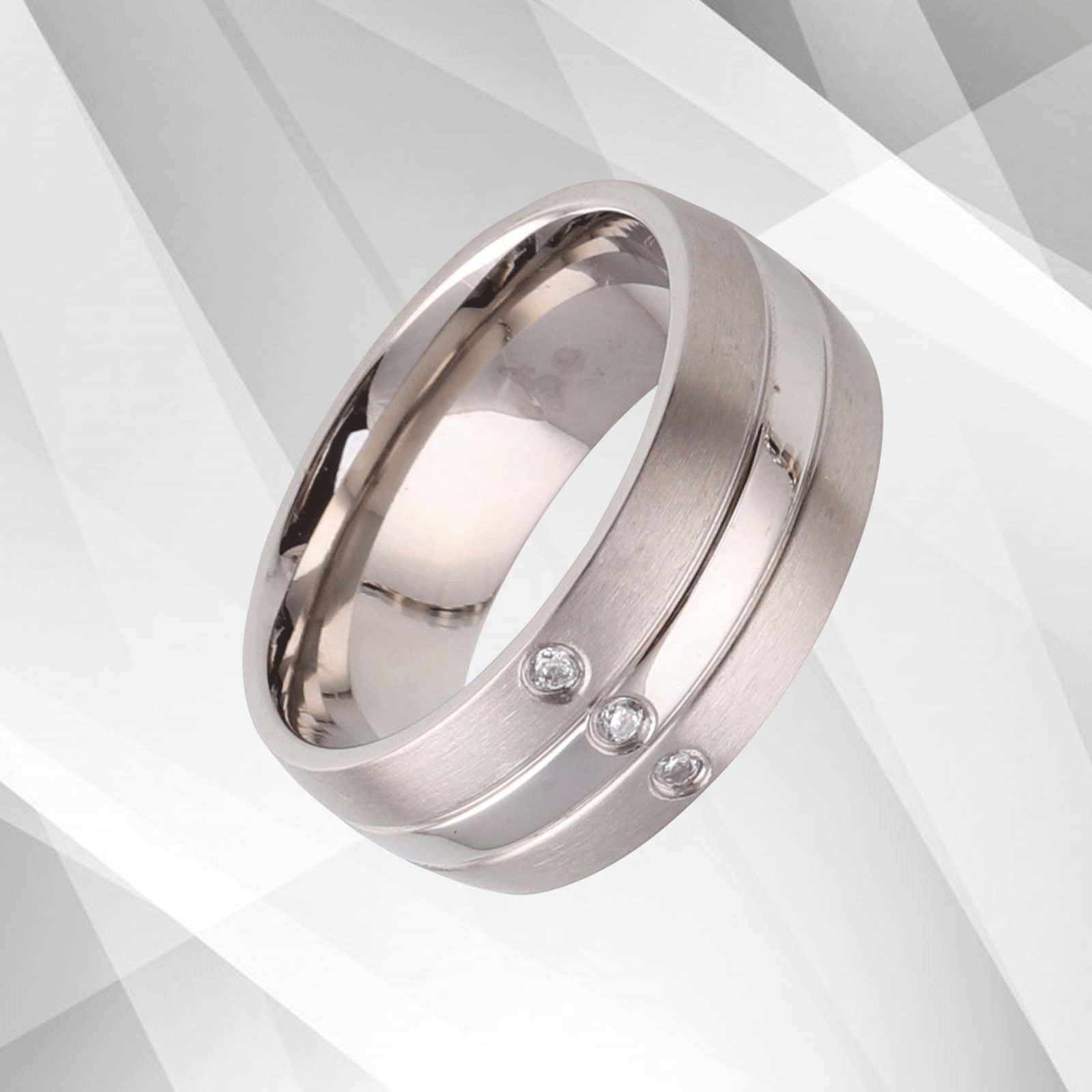 18Ct White Gold Over Titanium Engagement Band featuring three 0.35Ct CZ diamonds, showcasing a trendy design with a matt and sparkling finish.