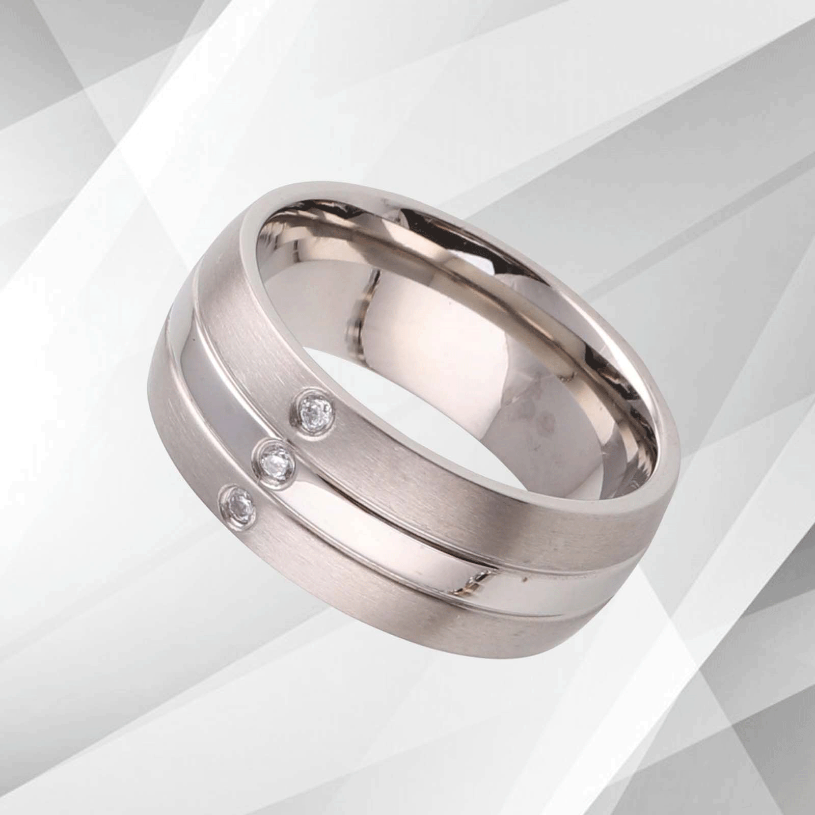 18Ct White Gold Over Titanium Engagement Band featuring three 0.35Ct CZ diamonds, showcasing a trendy design with a matt and sparkling finish.