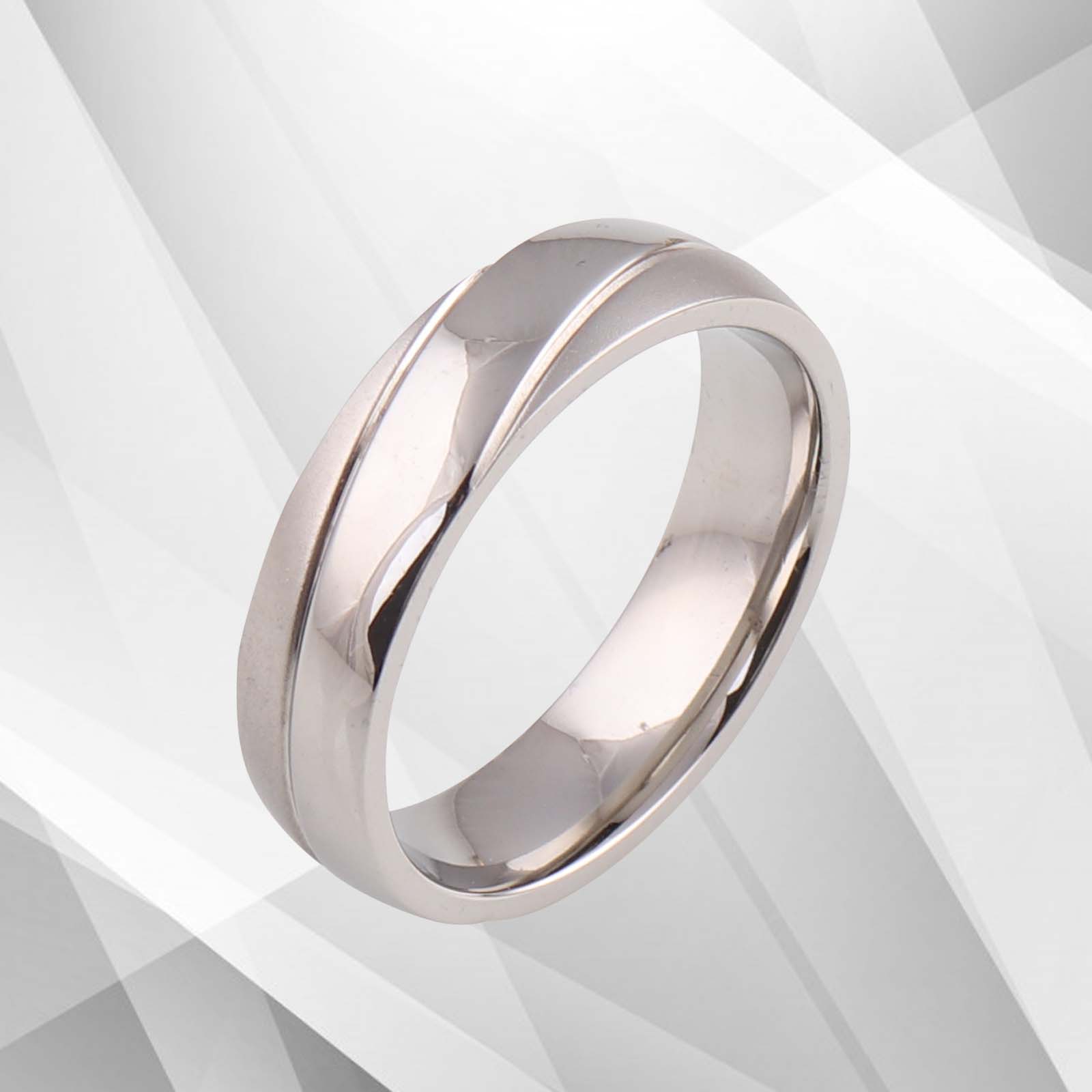 Elegant 18ct White Gold Plated Ring with Diamond Cut Grooves, showcasing a D-shaped design and a brushed titanium finish.