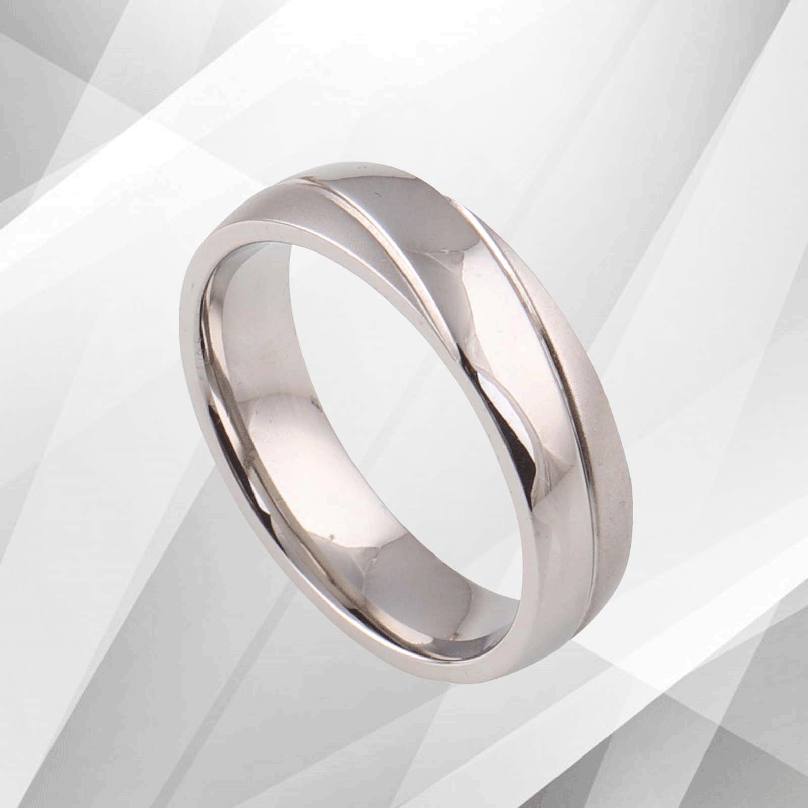 Elegant 18ct White Gold Plated Ring with Diamond Cut Grooves, showcasing a D-shaped design and a brushed titanium finish.