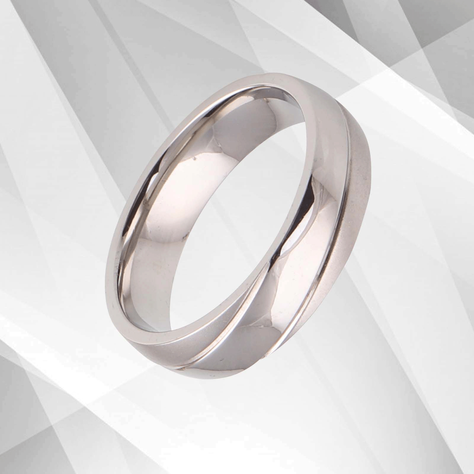 Elegant 18ct White Gold Plated Ring with Diamond Cut Grooves, showcasing a D-shaped design and a brushed titanium finish.