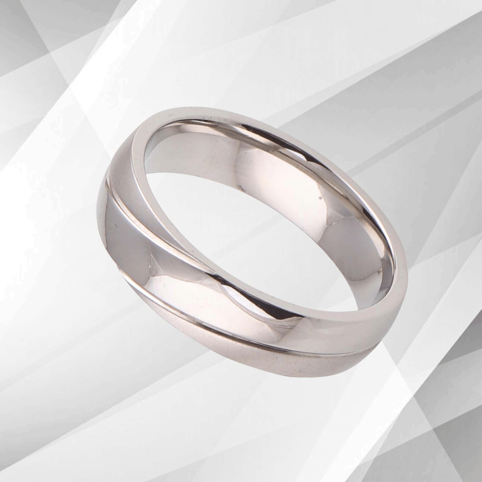 Elegant 18ct White Gold Plated Ring with Diamond Cut Grooves, showcasing a D-shaped design and a brushed titanium finish.