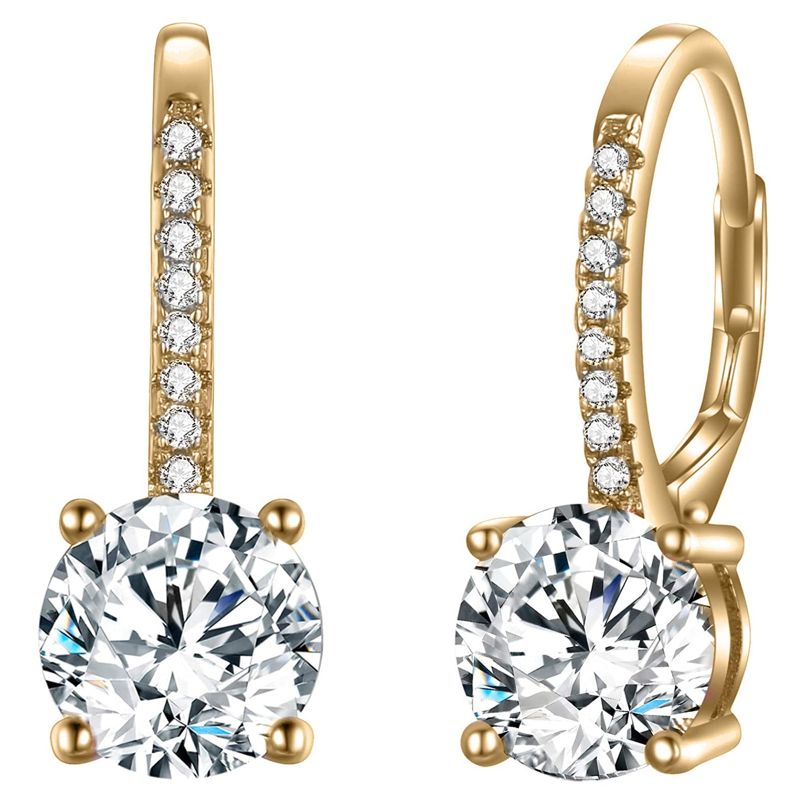 Elegant 18K Gold Plated drop earrings featuring 1.75 Cttw genuine white topaz in a classic 4 prong design with leverback closure.