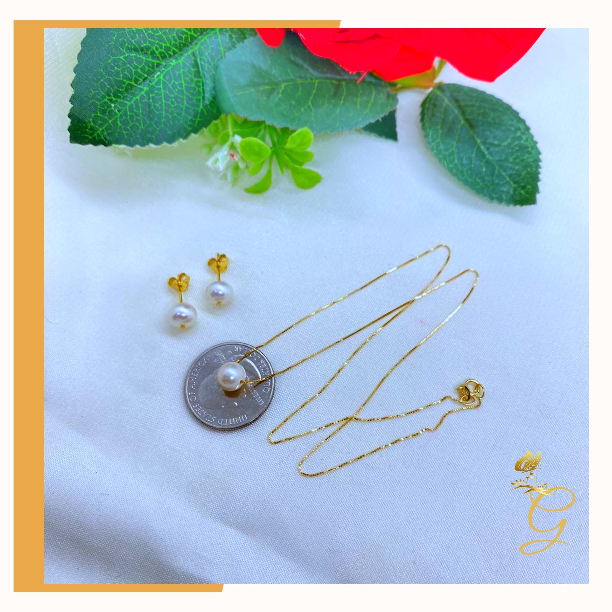 Elegant 18K real gold jewelry set featuring white pearl earrings and an 18-inch necklace, showcasing luxury and sophistication.