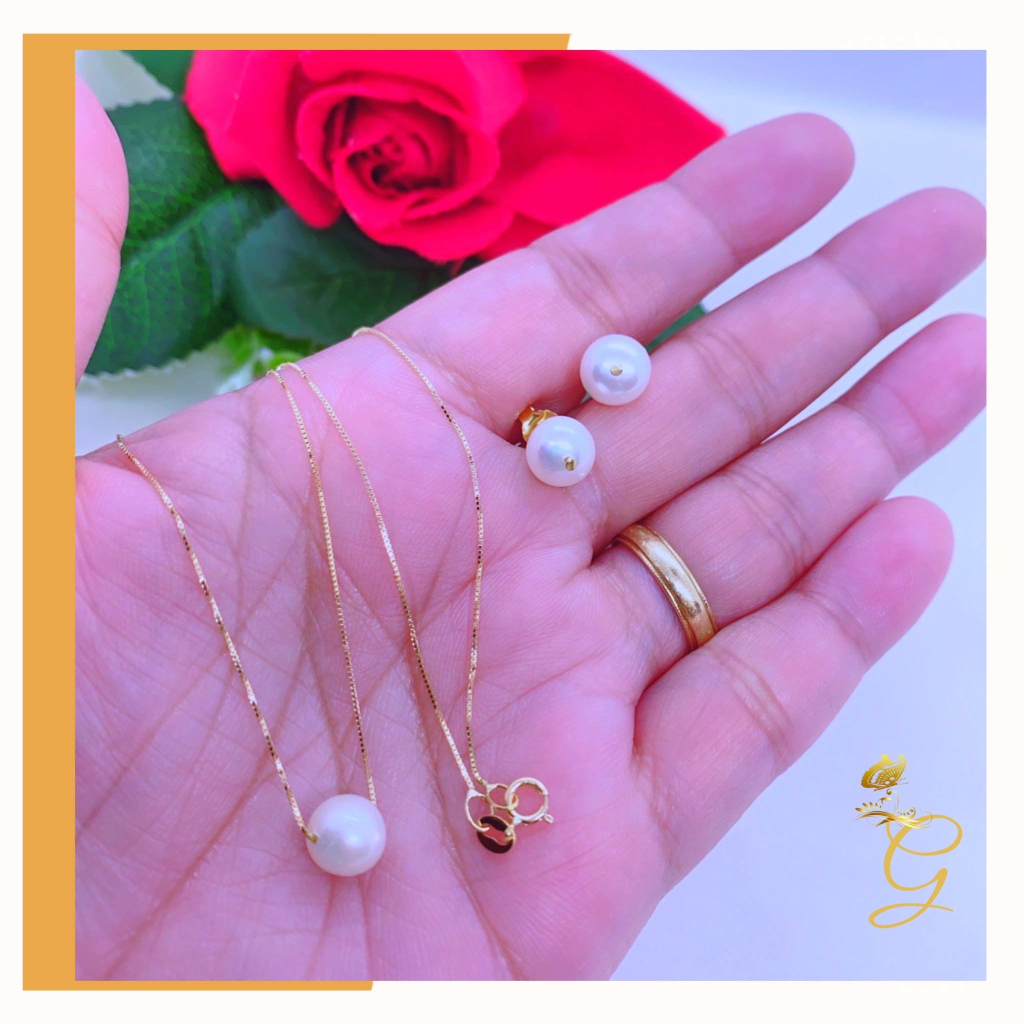 Elegant 18K real gold jewelry set featuring white pearl earrings and an 18-inch necklace, showcasing luxury and sophistication.