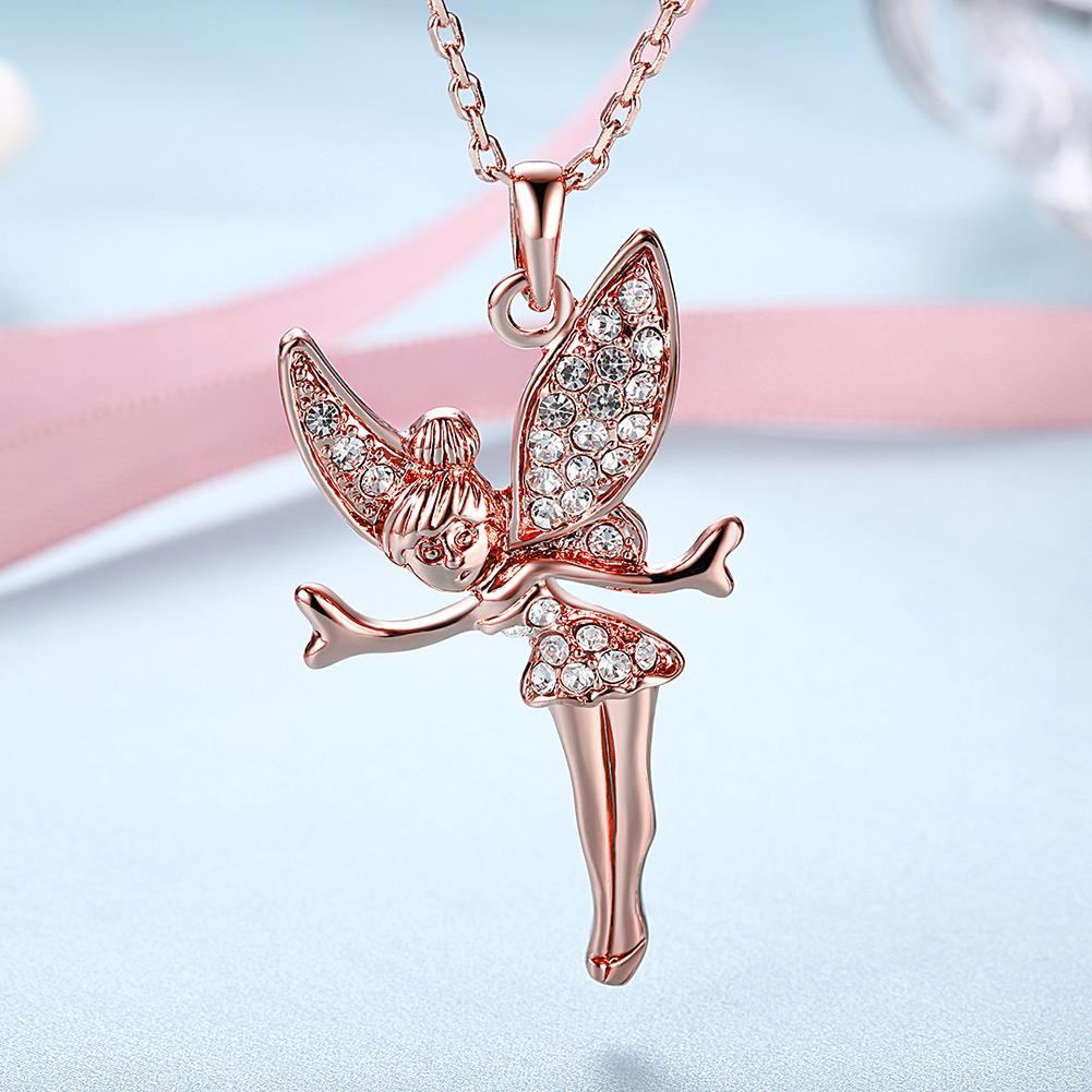 Elegant 18K rose gold plated necklace featuring a flying angel pendant, showcasing intricate details and a stylish link chain.