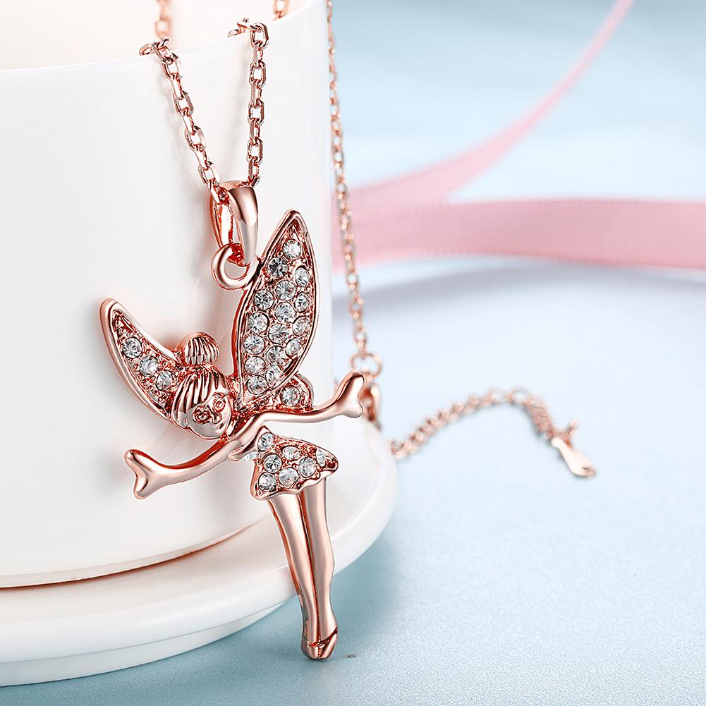 Elegant 18K rose gold plated necklace featuring a flying angel pendant, showcasing intricate details and a stylish link chain.