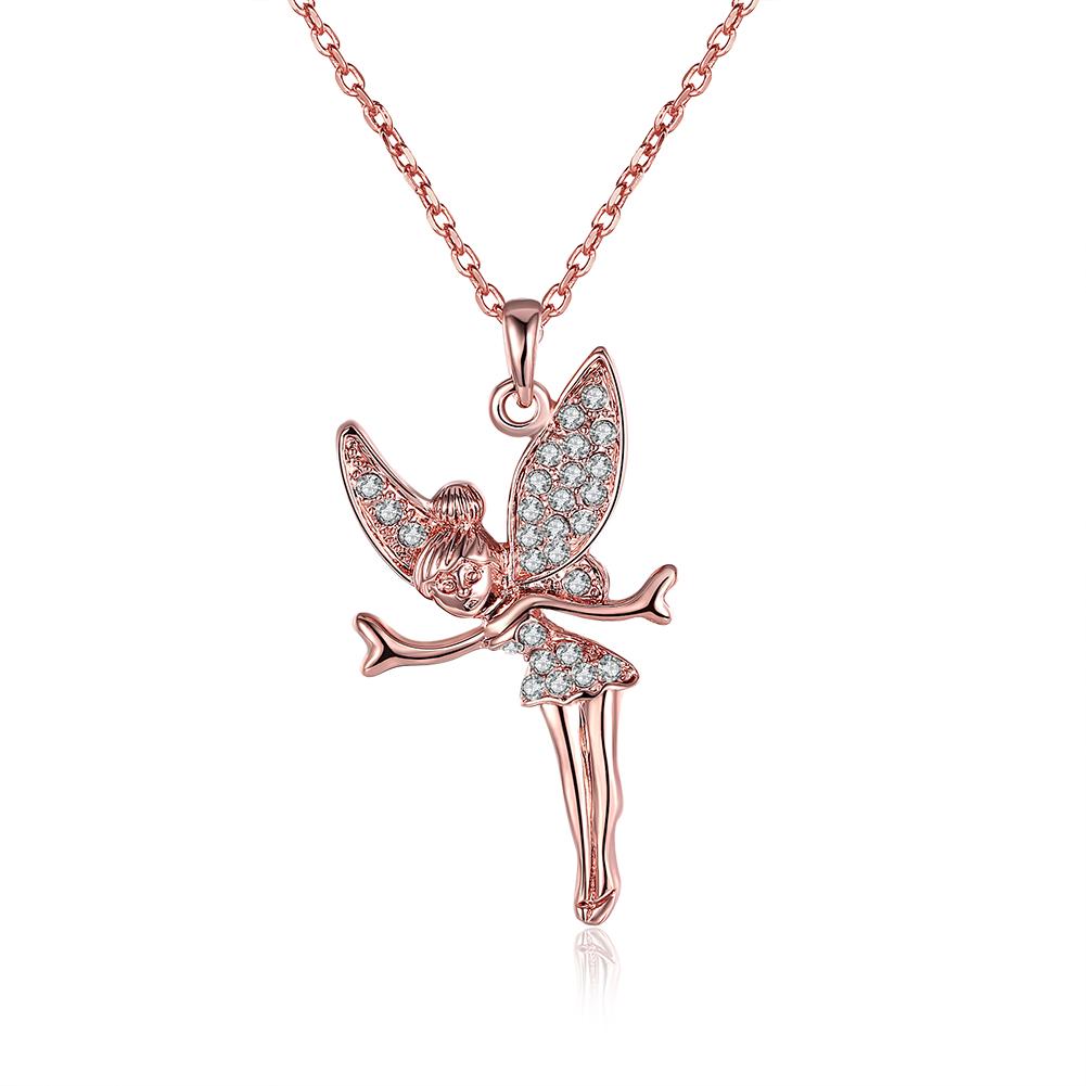 Elegant 18K rose gold plated necklace featuring a flying angel pendant, showcasing intricate details and a stylish link chain.