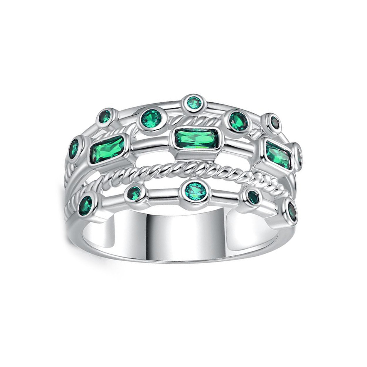 Elegant 18K white gold plated ring featuring five layers of round-cut lab-created green emerald stones.