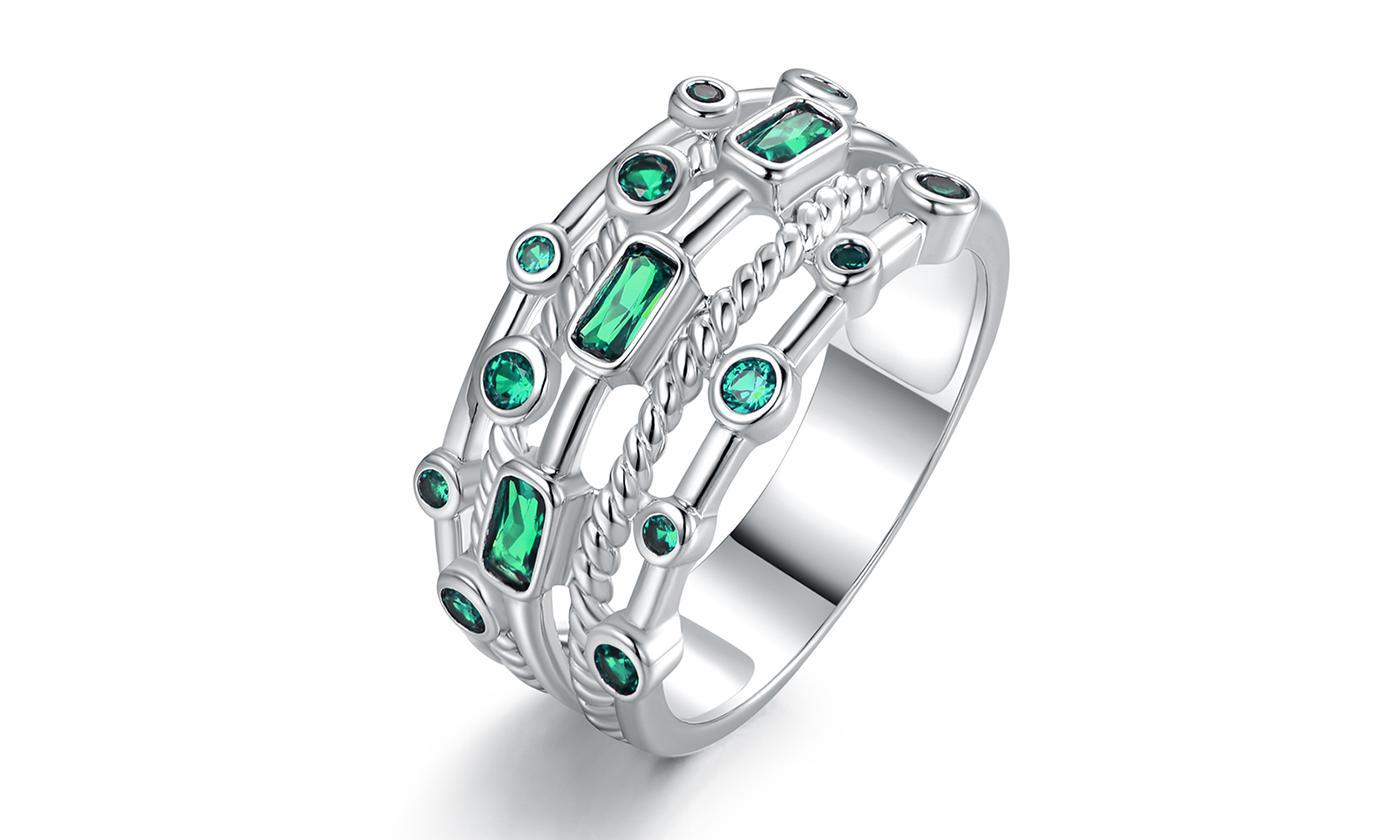 Elegant 18K white gold plated ring featuring five layers of round-cut lab-created green emerald stones.