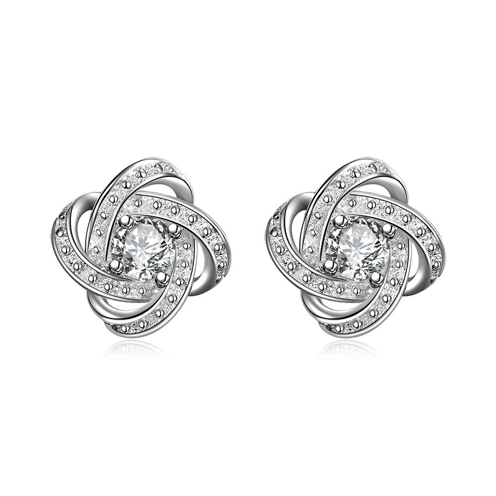 Elegant 18K white gold plated infinity twist stud earrings featuring sparkling Austrian crystals.