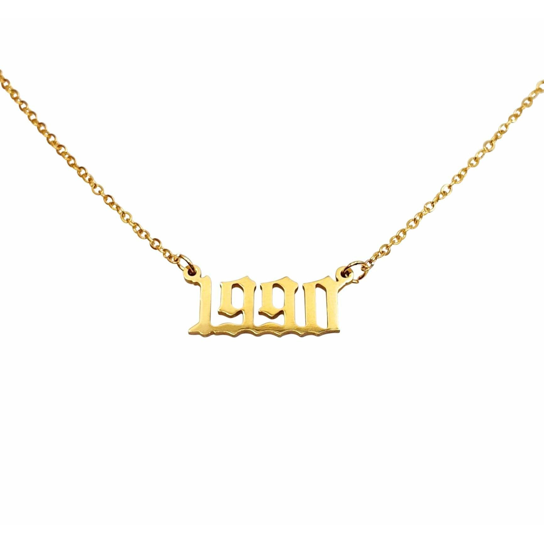 A stylish 1990 Year Necklace made of tarnish-free stainless steel, available in gold and silver colors, featuring an 18-inch chain and a 2cm wide pendant.