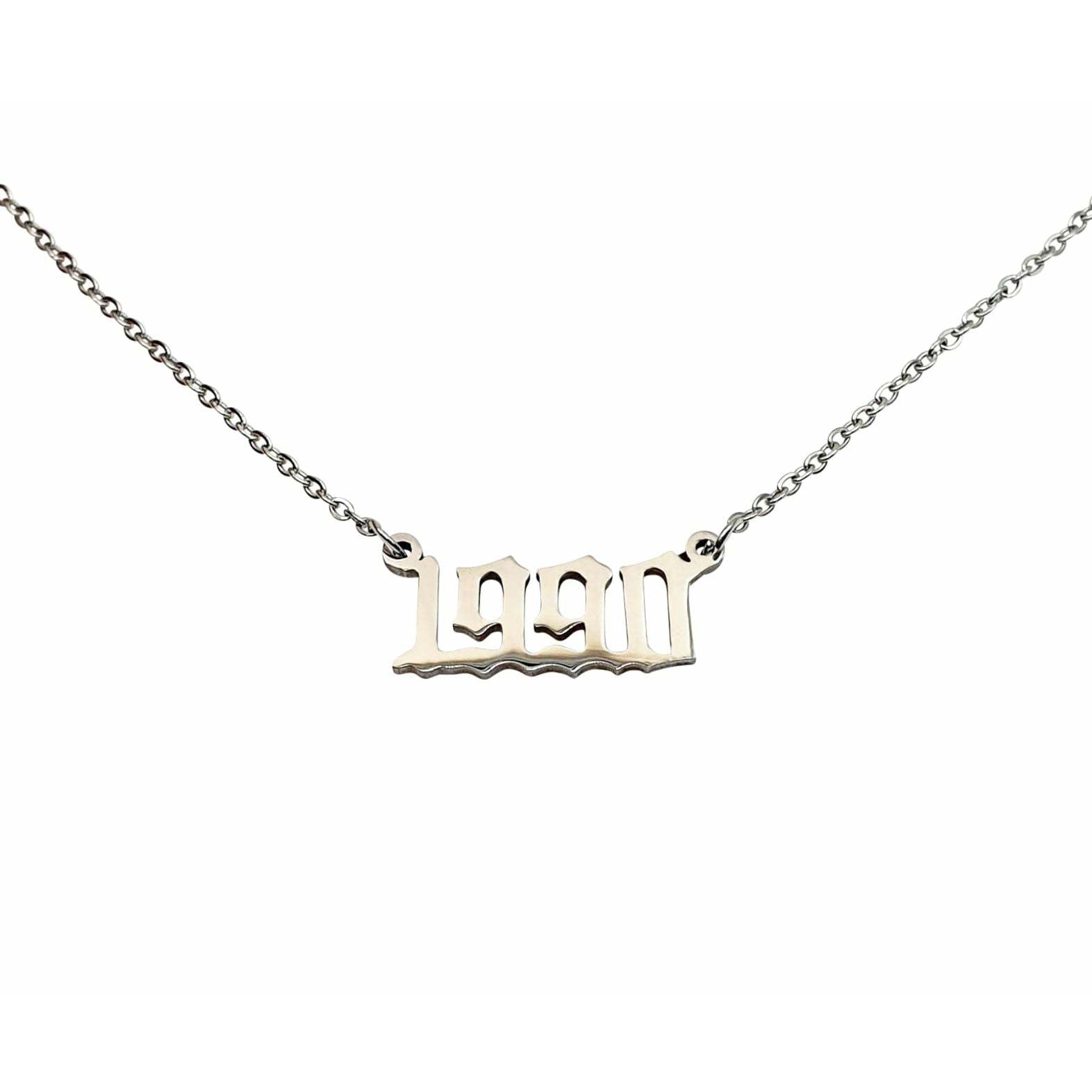 A stylish 1990 Year Necklace made of tarnish-free stainless steel, available in gold and silver colors, featuring an 18-inch chain and a 2cm wide pendant.