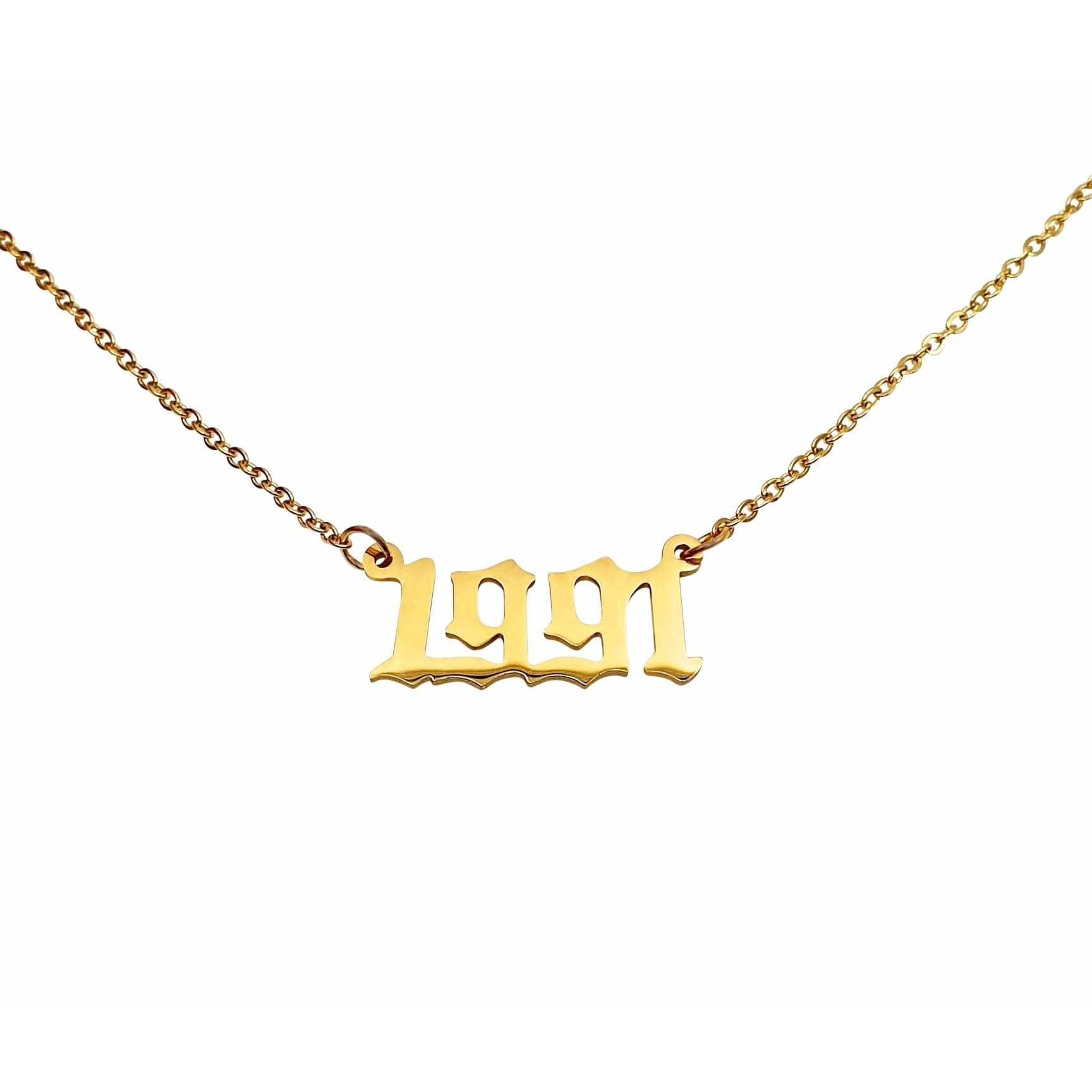 A stylish 1991 Year Necklace made of tarnish-free stainless steel, available in gold and silver finishes, featuring a 2cm pendant on an 18-inch chain.