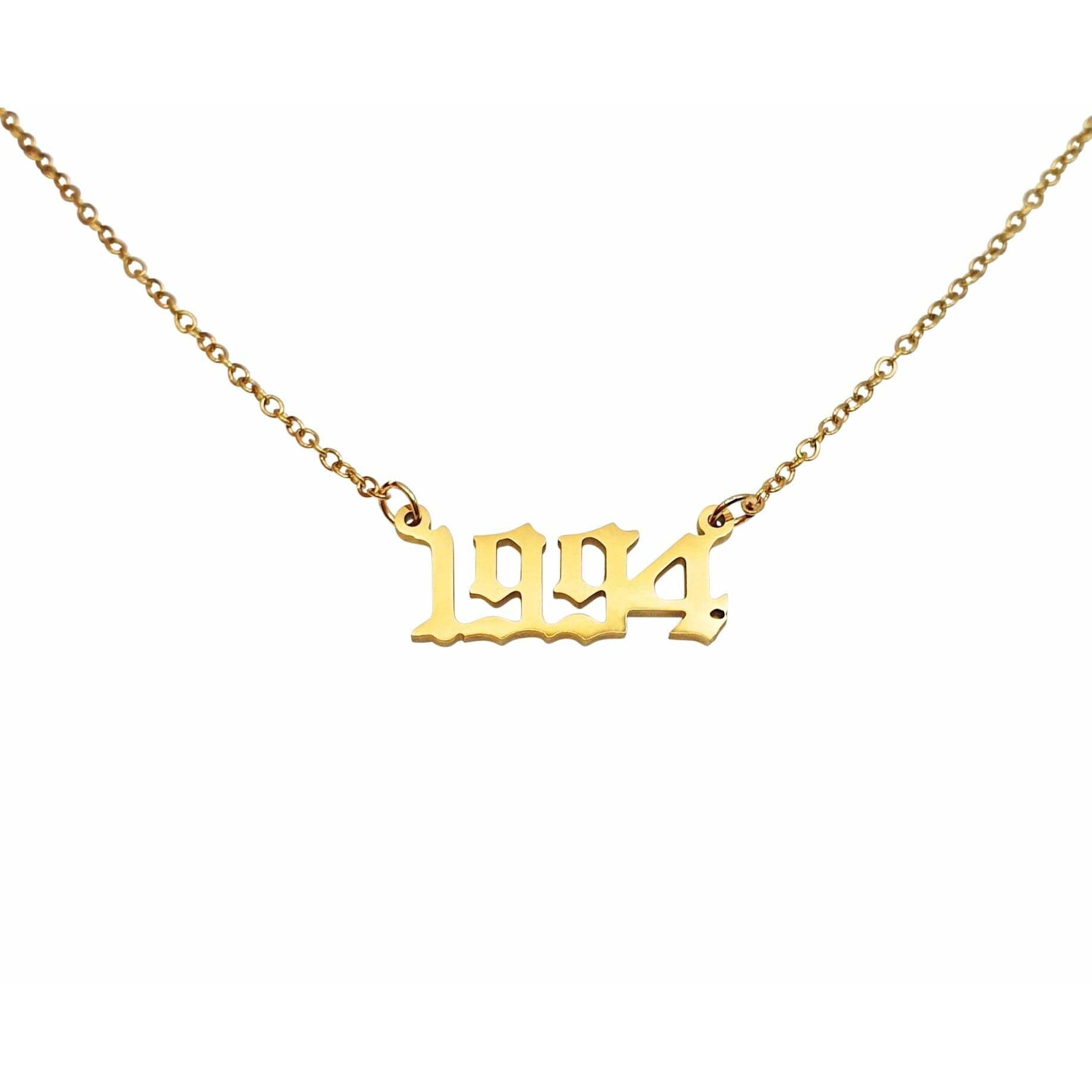 A stylish 1994 Year Necklace made of tarnish-free stainless steel, available in gold and silver, featuring a bold 2cm pendant on an 18-inch chain.