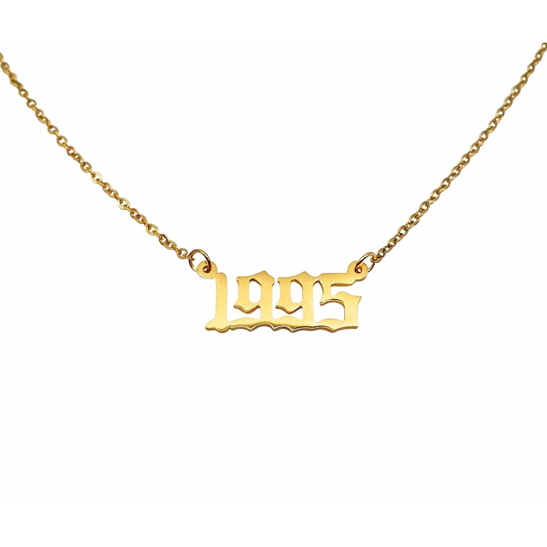 A stylish 1995 Year Necklace made of tarnish-free stainless steel, available in gold and silver colors, featuring an 18-inch chain and 2cm width.