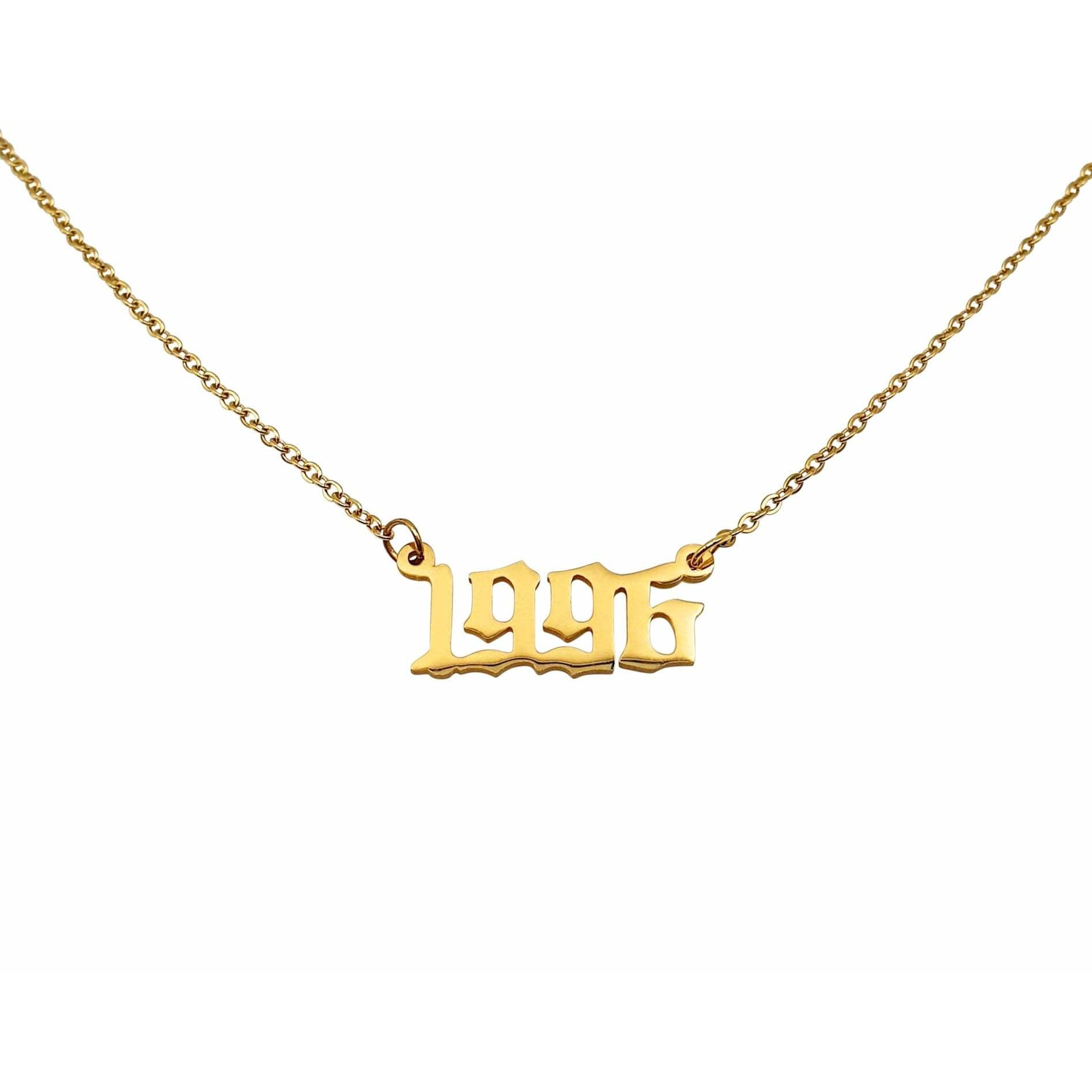 A stylish 1996 Year Necklace made of tarnish-free stainless steel, available in gold and silver, featuring a comfortable 18-inch chain.